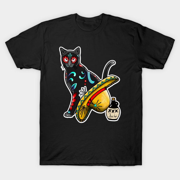 Gato en un Sombrero - Day of the Dead Cat - Dia de los Muertos Sugar Skull Kitty T-Shirt by prettyinink